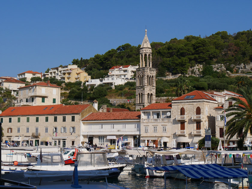 Hvar Harbor with Bell Tower of St. Mark's Church