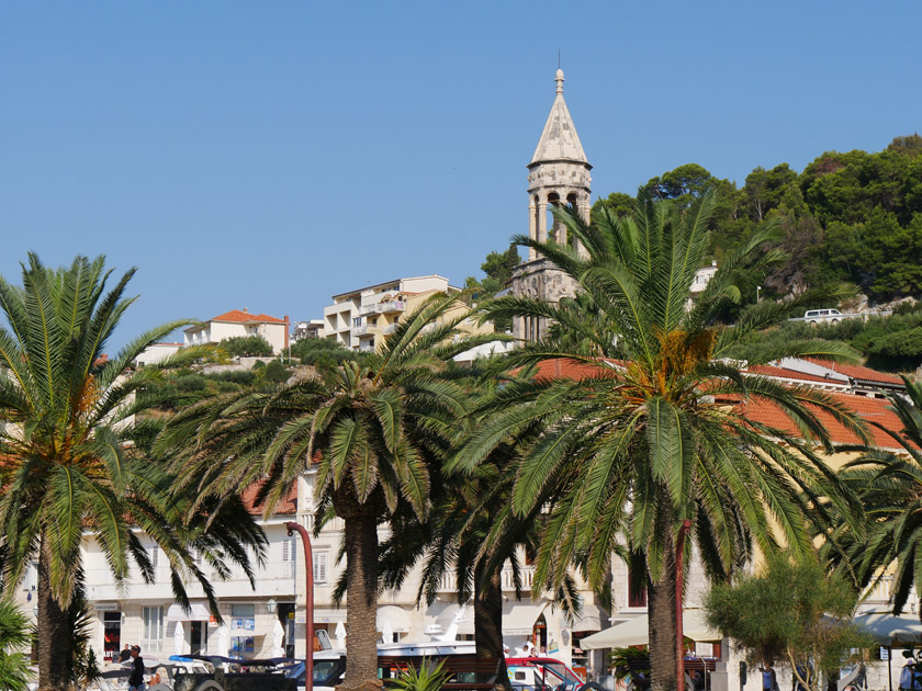 Hvar Harbor with Bell Tower of St. Mark's Church