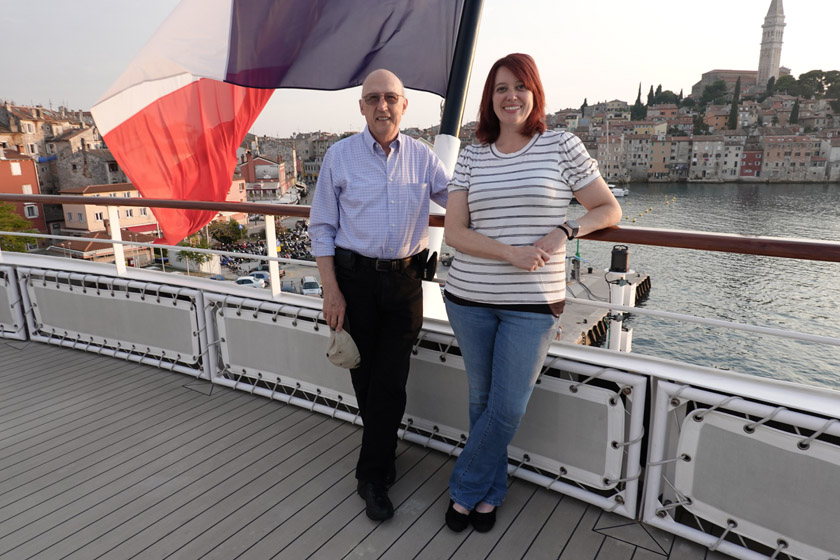 Becky and Jim on Le Lyrial Leaving Rovinj, Croatia