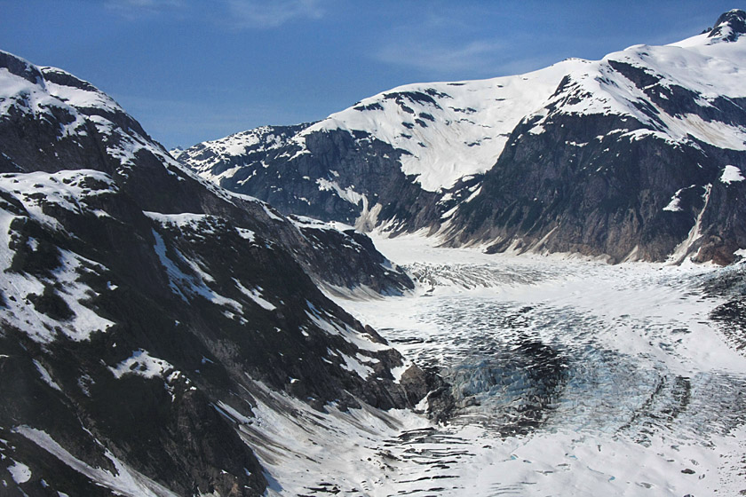 LeConte Glacier Beginnings in Mountains, Aerial View