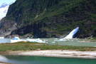 Waterfall and Icebergs Next to Mendenhall Glacier