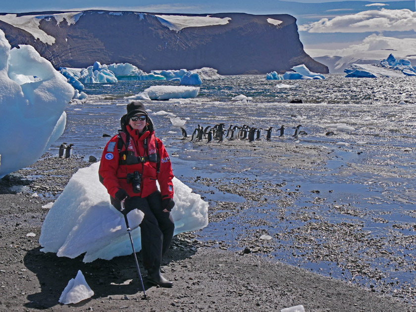 Becky on Devil Island Iceberg with Adelie Penguins