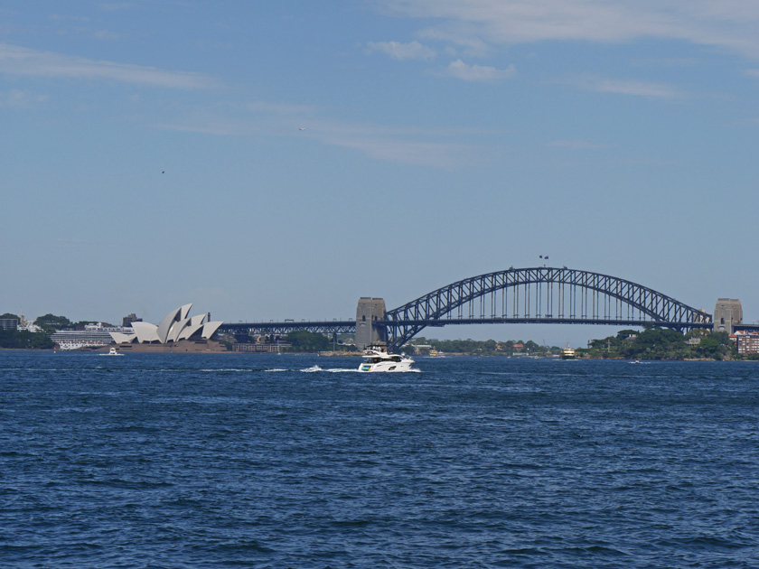 Sydney Harbor Bridge and Opera House from Ferry to Manly Beach