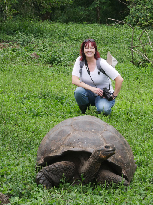 Becky and Giant Tortoise, Rancho Manzanillo, Santa Cruz Island