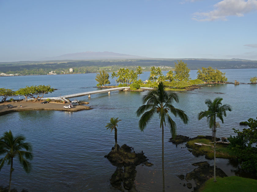 Coconut Island and Mauna Kea from Hilo Hawaiian Hotel