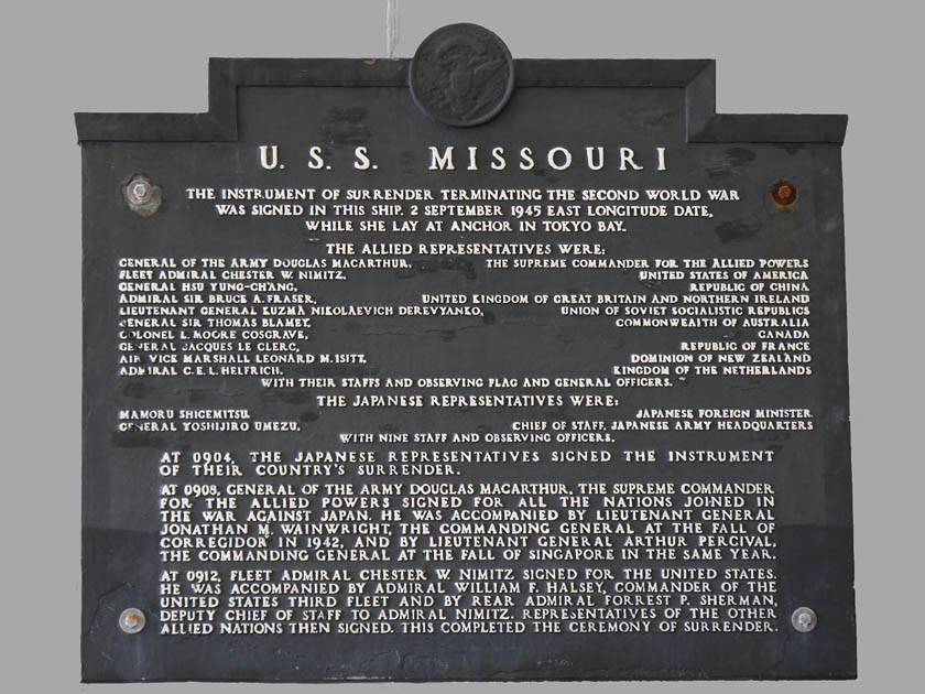 USS Missouri Japanese Surrender Memorial Plaque