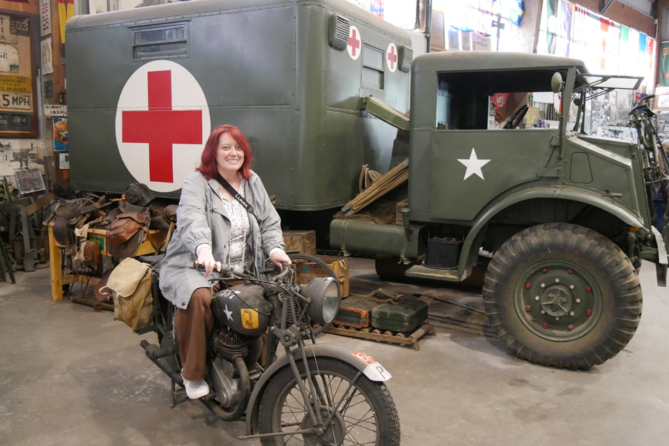 Becky on WW2 Motorcyle, D-Day Academy