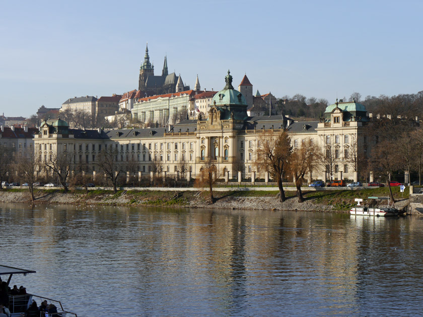 Prague Castle, St. Vitus Cathedral and Vltava River from Cechuv Bridge