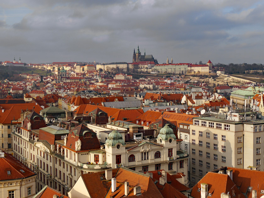 Prague, Prague Castle and St. Vitus Cathedral from Old Town Clock Tower