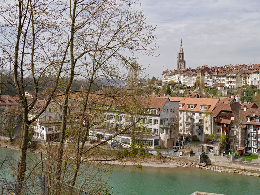 View of Bern, the River Aare and Bern Münster from the Bärengraben Trail