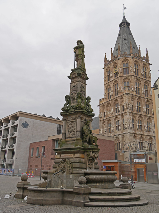 Jan von Werth Fountain in Alter Markt and City Hall Tower