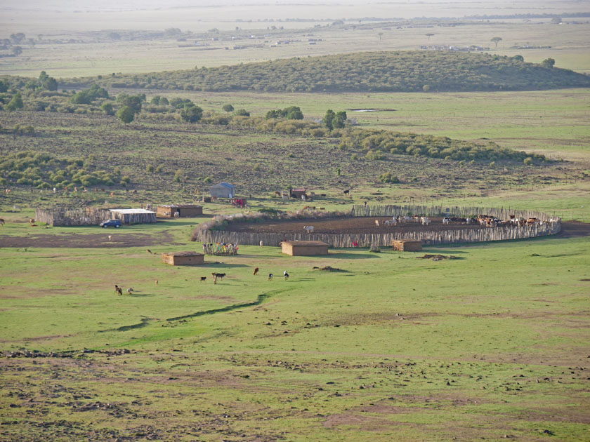 Native Village and Livestock Pen from Hot Air Balloon, Maasai Mara