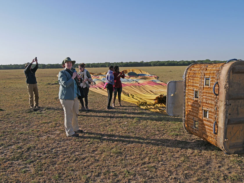 Becky at Balloon Landing, Maasai Mara