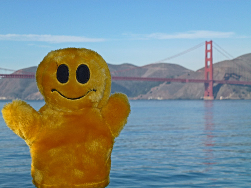 Mr. Happy at Golden Gate Bridge on Cruise Ship