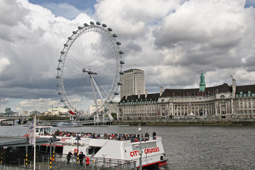 London Eye and Cruise Boat from North Bank of the Thames