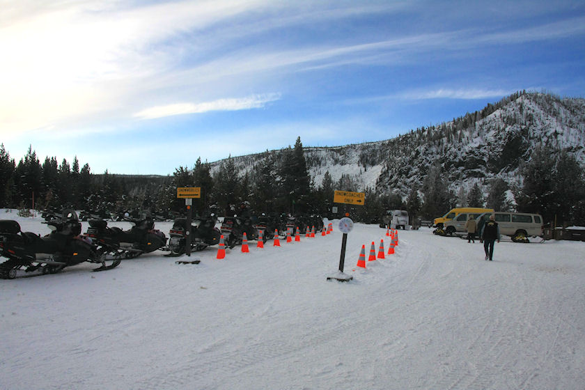 Snowmobiles at Madison Junction Warming Stop